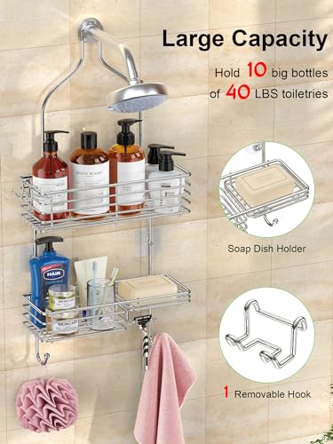 SMARTAKE Hanging Shower Head Caddy, Shower Shelf Organizer, Silver | SUS201 Rustproof Stainless Steel Over The Storage Rack, for Toilet, Bathroom