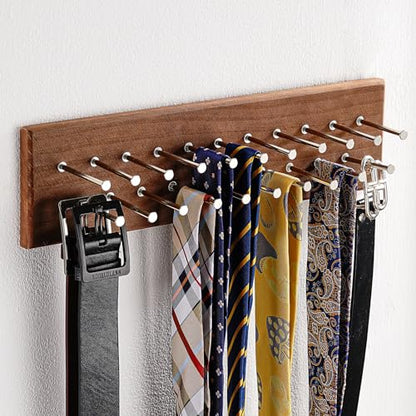 TreeHouse London Tie Rack Organizer – Holds 40 Large Ties – Solid Wood & Sturdy Metal Storage Holder for Closet – Wall Mounted Tie Display Hanger for Wall, Bedroom - (Walnut Tie Rack) 16" L X 4.25" H