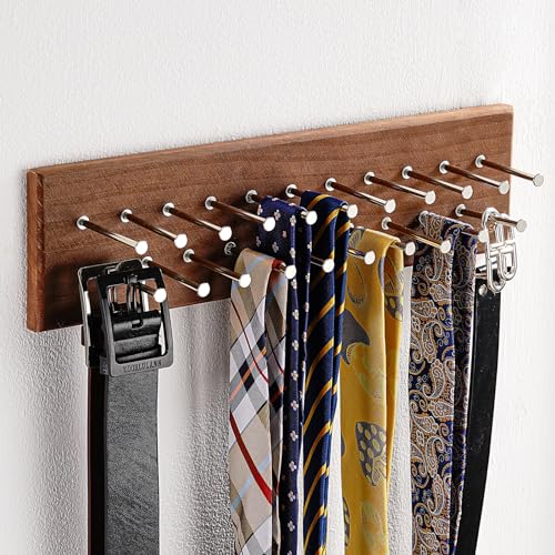 TreeHouse London Tie Rack Organizer – Holds 40 Large Ties – Solid Wood & Sturdy Metal Storage Holder for Closet – Wall Mounted Tie Display Hanger for Wall, Bedroom - (Walnut Tie Rack) 16" L X 4.25" H