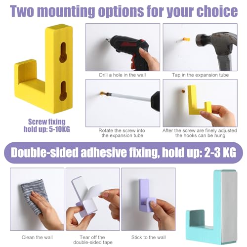 Teenyyou 6 Pack Cute Kids Coat Wall Hooks Wooden Adhesive Decorative Colorful Wall Mounted Hangers Backpack Hooks for Hanging Keys Towel Clothes Bathroom Organization(Pastel,6 Pcs)