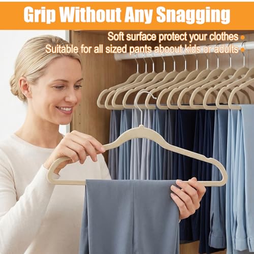 20 Pack Velvet Pants Hangers, Felt Hangers Non Slip with 360 Swivel Hook, Space Saving Slim Closet Organizer for Jean, Scarf, Towel, Coat, Beige