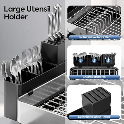 Urackify Expandable Dish Drying Rack, Stainless Steel, Large Capacity | Multifunctional Drainboard for Kitchen Countertop, Removable Cutlery Tray, Foldable Cup Holder, 20.4"L x 20"W, Silver