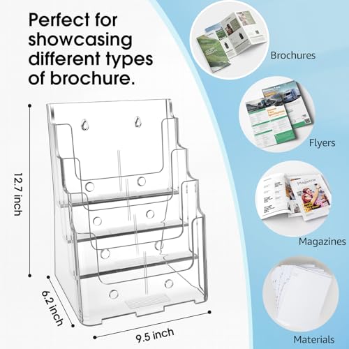 MaxGear 4 Tier Brochure Holder, 8.5 x 11, Removable Divider, 1 Pack | Clear Acrylic Material, Fits 8.5 x 11 Literature or 4 x 9 Brochures, Wall Mount or Countertop, Magazine Stand Display