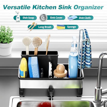 Ewaiira Stainless Steel Sink Caddy, Sponge Holder for Kitchen Sink 9.8″ | with Brush Holder and Towel Rack, Sink Organizer for Countertop, Soap Kitchen Organizers Storage Essentials, Black