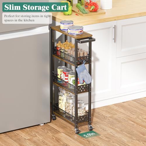 4-Tier Slim Rolling Storage Cart for Kitchen Bathroom Organizer, Mobile Narrow Storage Cabinet Utility Cart with Wood Rack on Wheels for Pantry Laundry Small Space