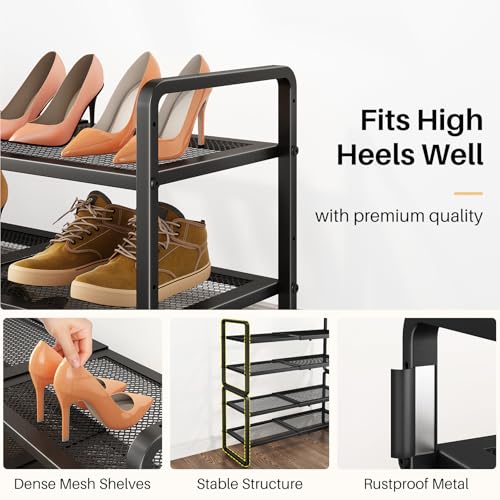 Expandable Metal Shoe Rack for Closet, Entryway & Garage, 4-Tier, Black | Adjustable Height for Boots, Stackable Design, Dense Mesh Shelves for Heels, Fits Small Spaces, Apartments and Rentals