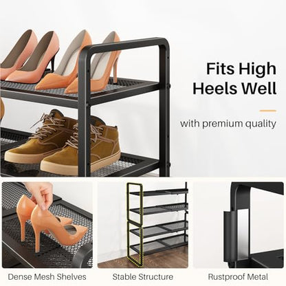 Expandable Metal Shoe Rack for Closet, Entryway & Garage, 4-Tier, Black | Adjustable Height for Boots, Stackable Design, Dense Mesh Shelves for Heels, Fits Small Spaces, Apartments and Rentals