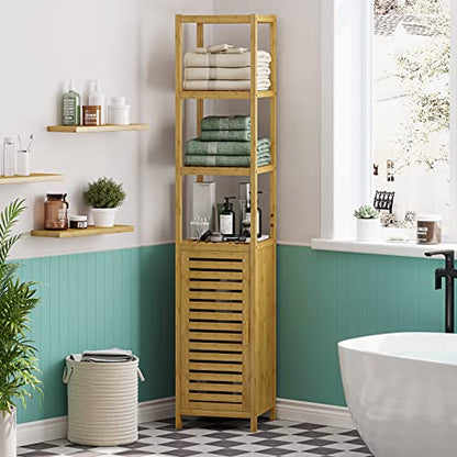 Storage Tall Slim Cabinet with Shutter Door and 3 Tier Shelves, Freestanding Linen Tower Cabinet for Living Room, Kitchen, Bathroom Organizer, Natural Bamboo