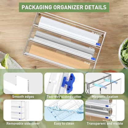 Kitchen Wrap Organizer, Foil and Plastic Wrap Organizer 3 in 1 with Sliding Cutter, Acrylic Wrap Dispenser for Drawer or Wall Mount, Fits 12 Inch Rolls