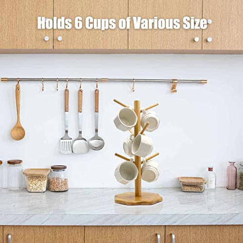 Bamboo Countertop Mug Tree Stand with 6 Hooks, Octagon Base Coffee Cup Tree