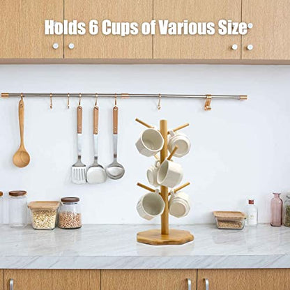 Bamboo Countertop Mug Tree Stand with 6 Hooks, Octagon Base Coffee Cup Tree