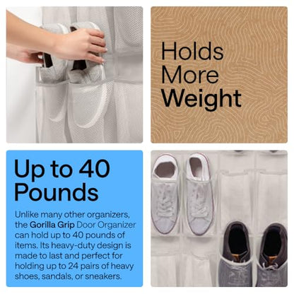 GORILLA GRIP Over the Door Shoe Organizer, 24 Large Breathable Mesh Pockets, Space Saving Hanging Storage Holder, Closet Rack Hanger Holds Up to 40 lbs, Hangs on Closets for Shoes, Accessories, Linen