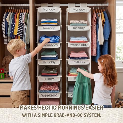 2 Pcs Heavy Duty 6 Shelf Weekly Hanging Closet Organizer for Kids Days of Week Clothing Organization Labeled Monday to Friday Clothes Divider for Weekday Weekend School Outfits
