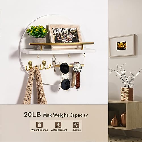 Key Holder for Wall Decorative with Shelf and Hooks, Mail Organizer Wall Mount with Sunglasses Holder, Circular Design Entryway Key Rack Hanger, Rustic Home Decor Boho Wall Decor (White)