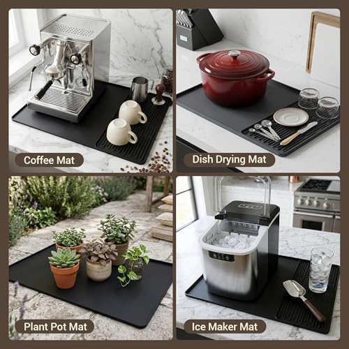 Silicone Coffee Mat for Countertop, 24x16 inch Heat Resistant Espresso Machine Mat, Non-Slip Coffee Bar Mat with Detachable Drying Area and Raised Edge, Waterproof Station Pad - Black