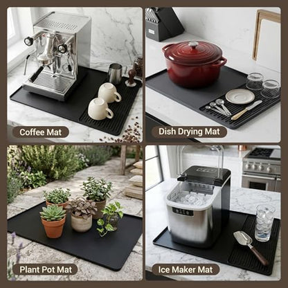 Silicone Coffee Mat for Countertop, 24x16 inch Heat Resistant Espresso Machine Mat, Non-Slip Coffee Bar Mat with Detachable Drying Area and Raised Edge, Waterproof Station Pad - Black