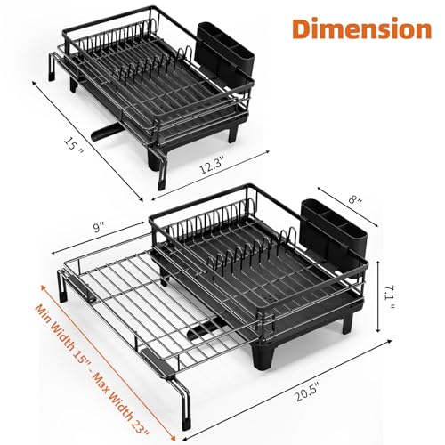 Urackify Expandable Sink Dish Drying Rack for Kitchen Counter, 1-Tier Black | Large Dish Racks, Sink Dish Drainer, Rustproof Dish Strainer with Utensil Holder, 12.3"-20.5" L x 15"W