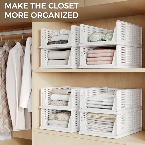 6 Pack Closet Organizer Storage Bins Stackable Plastic Drawer Shelf | Basket for Clothing Stackable Storage Bins Shelf Storage Container for Closet Wardrobe Bedroom Bathroom Office White Foldable