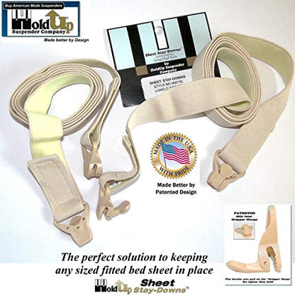 Holdup Crisscross Fitted Sheet Strap Stay-Downs Patented Gripper Clasps | Holdup Crisscross fitted sheet strap stay-downs with USA patented gripper clasps. Secure hold keeps sheets firmly in place.