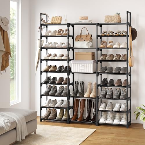 WOWLIVE 9 Tier 3-Column Shoe Rack, 50-55 Pairs Stackable Black | 50in Long for Larger Entryways, Removable Shelves Fit Tall Boots, Split into Multiple Units for Garage Closet