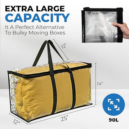 Clear Moving Bag (4-Pack) 25x14x12 - Zipper, Blankets, Breathable | Breathable Non-Woven Sides, Foldable, Comforters, Bedding, Clothes, Sweaters, College, Dorm, Packing