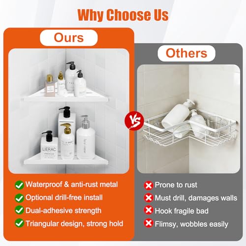 Fikoksol Shower Caddy Storage, Triangle Corner Shelf with Adhesive Glue | Metal Bathroom Shelf Storage, Adhesive or Screw Wall Mounted Corner Shower Rack, White Rustproof Bath Organizer Accessory