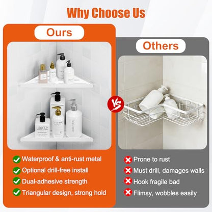 Fikoksol Shower Caddy Storage, Triangle Corner Shelf with Adhesive Glue | Metal Bathroom Shelf Storage, Adhesive or Screw Wall Mounted Corner Shower Rack, White Rustproof Bath Organizer Accessory