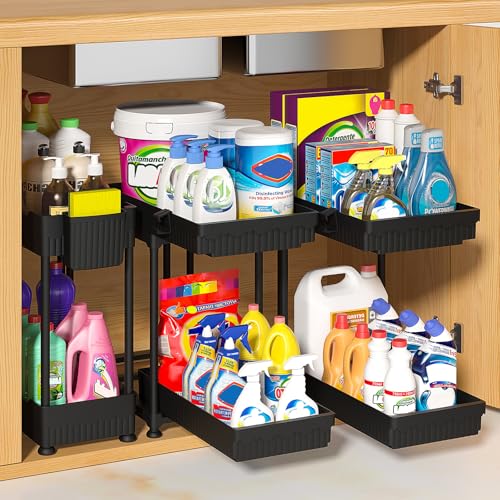 3-Pack 2-Tier Under Sink Organizers with Sliding Drawers | Multi-use kitchen & bathroom storage, 14.8 inch 2-Tier Sliding cabinet organizer, space-saving sliding drawer design.