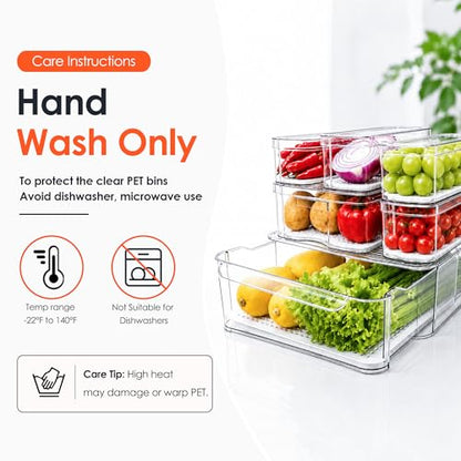 Clear Fridge Bins with Drain Trays - BPA-Free PET, Stackable(6 Pack)