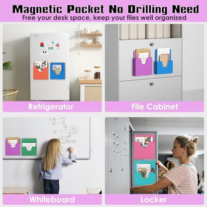 MFTEK Magnetic File Holder 6 Pockets Paper Holder, Hanging File Organizer Office Supplies Storage for Cabinets, Whiteboard, Magnetic Mail Letter Folder for Refrigerator (Light Color-Mix)