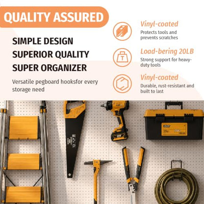HUHOLE 10 Pack Pegboard Drill Holder Utility Hooks for 1/4 Inch Pegboard | Tool Holders with 20 lb Capacity for Power Tools, Hammers, Cords, Hoses, Shovels, Brooms and Garage Storage