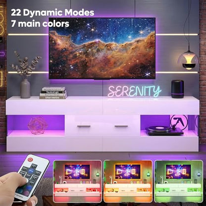 Bestier 60 Inch White Modern TV Stand, LED Entertainment Center Console | Fits up to 65 in TV, High Gloss White with Stone Pattern, Large Storage Drawer & Open Shelves, LED Lights for Living Room