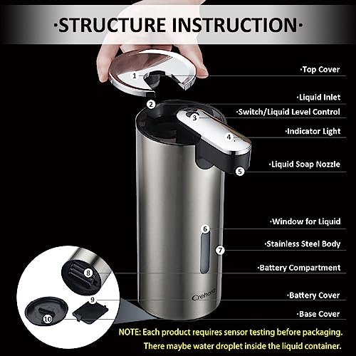Automatic Soap Dispenser, Automatic Liquid Soap Dispenser Touchless, 12oz/340ml, 3-Level Adjustable, Battery Operated, Water-Resistant for Bathroom, Kitchen and School, Clog-Free, Stainless Steel