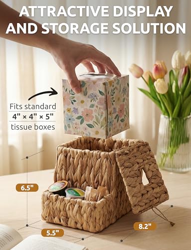 Water Hyacinth Tissue Box Cover with Side Organizer, Wicker Holder | Handwoven Napkin Box Holder with Metal Frame, Boho Farmhouse Tissue Storage for Kitchen, Bedroom & Living Room