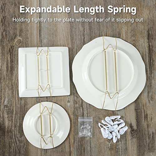 12 Piece Plate Hangers, 6/8/10 Inch Invisible Brass Wall Plate Hangers, Comes with 16 Piece Wall Hooks for Decorative Plates