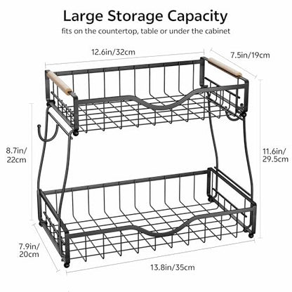 2 Tier Fruit Basket for Kitchen Countertop with 2 Banana Hangers,Detachable Metal Fruit Bowl with Wooden Handles and Protective Pads,Large Capacity Fruit and Vegetable Basket Organizer,Black