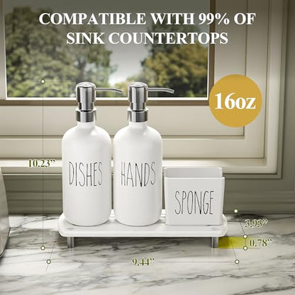 Kitchen Soap Dispenser Set Comes with Ceramics Sponge Holder, Gold Pumps, and Instant Dry Tray, Hand and Dish Soap Dispenser Set (4, Silver + White + Sponge Holder)