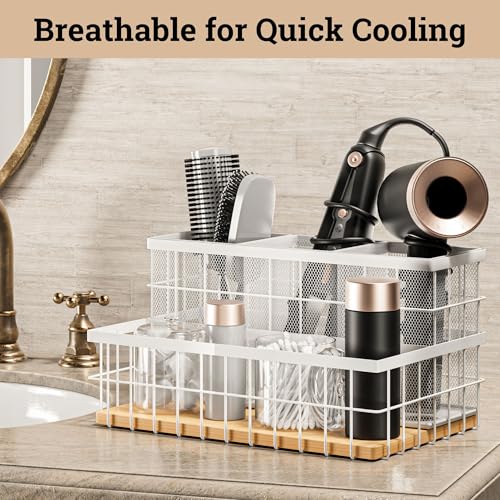 Hair Tool Organizer Countertop, Breathable Metal & Bamboo, Heat-Resistant | No Assembly Required, Removable Baskets, Heat-Resistant Iron, Bamboo Base, Spacious & Breathable Hot Tools Organizer Vanity