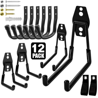 Heavy Duty Wall Garage Hooks, Steel Anti-Slip Utility Hooks Storage Organization Hangers for Ladders, Bikes, Hose, Garden Tools, Coats, Bags with Mounting Hardware Kit (Black, 12 Pack)
