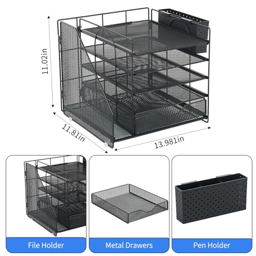 5-Tier Desk Organizer with Drawer and Pen Holder, Black | Paper Letter Tray Organizer with File Holder, Suitable for Workspace Organizer Office Supplies Storage