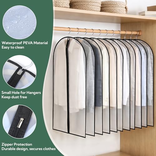 24 Pack Garment Bags for Hanging Clothes, 40" Clear PEVA Garment Bags with Zipper, Dustproof Clothes Covers for Suits, Shirts, Jackets and Dresses, Reusable Hanging Garment Bags for Closet Storage