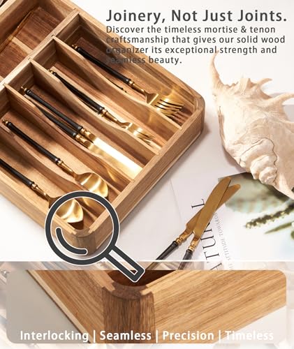 Silverware Drawer Organizer, Acacia Wood Tray for Cutlery & Flatware | Fixed 10.5" Wide, 7-Compartment Utensil Holder for Forks & Spoons