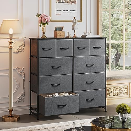 WLIVE 10 Drawer Fabric Dresser Bedroom Tall Storage Tower, Dark Grey | 10-drawer fabric storage tower with wood top, thickened steel frame, perfect for bedroom closet living room organization
