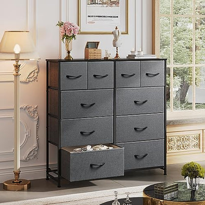 WLIVE 10 Drawer Fabric Dresser Bedroom Tall Storage Tower, Dark Grey | 10-drawer fabric storage tower with wood top, thickened steel frame, perfect for bedroom closet living room organization