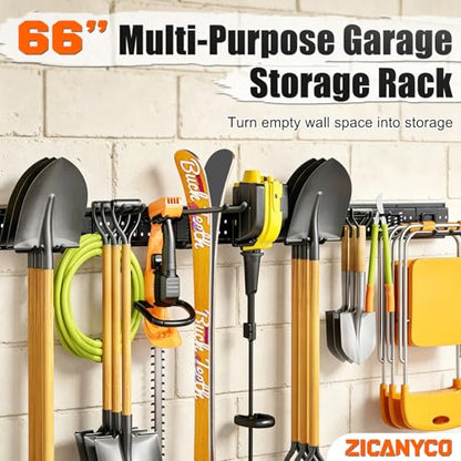 Garage Tool Organizer Wall Mount 66 inches with 13 Adjustable Heavy-Duty Hooks, Garage Organization, Garden Tool Storage Rack for Garage, Yard, and Shed, Holds Up to 520 lbs