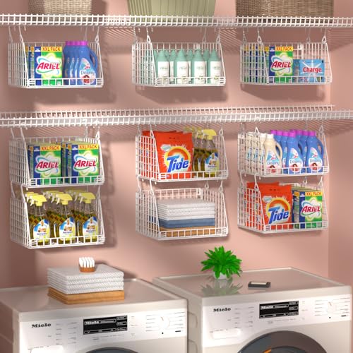 PUPPYCUTE 3-Pack Laundry Room Organization and Storage, Hanging Wire Basket for Laundry with 360°Rotating Hooks, Over Washer and Dryer Shelves, Laundry Organizers and Storage Basket, White