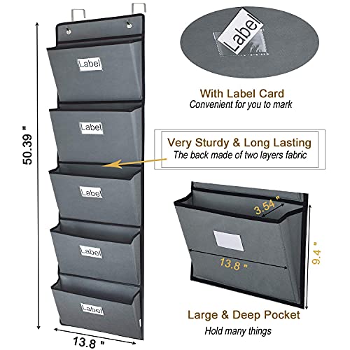Over the Door Hanging File Organizer 5 Extra Large Pockets Wall Hanging File Folders Organizer Holders,Home Office Supplies Storage Pocket Chart for Paper Mails Planners Notebooks,Gray