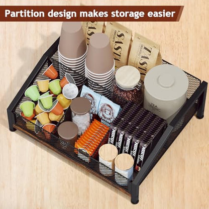Coffee Station Organizer - Coffee Bar Organizer with Removable Dividers for Pods Condiment Syrup Tea Stirrers, K Cup Holder for Kitchen, Office, Home, Countertop, Brown