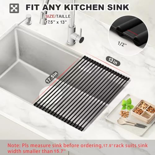 Roll Up Dish Drying Rack Silicone Wrapped Over The Sink Dish Drying Rack Multipurpose Foldable Sink Drying Mat Anti-Slip & Anti-Rust Dish Rack for Kitchen, 17.5" x 13", Black