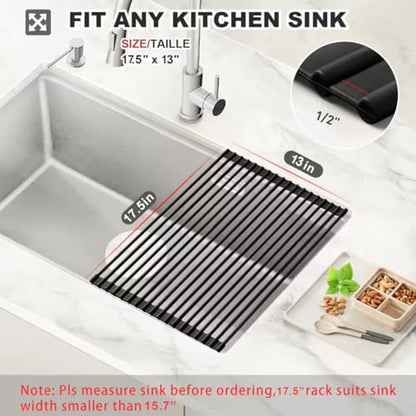 Roll Up Dish Drying Rack Silicone Wrapped Over The Sink Dish Drying Rack Multipurpose Foldable Sink Drying Mat Anti-Slip & Anti-Rust Dish Rack for Kitchen, 17.5" x 13", Black